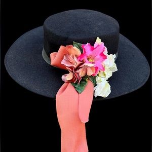 Vintage Inspired Black Wool Floral Hat